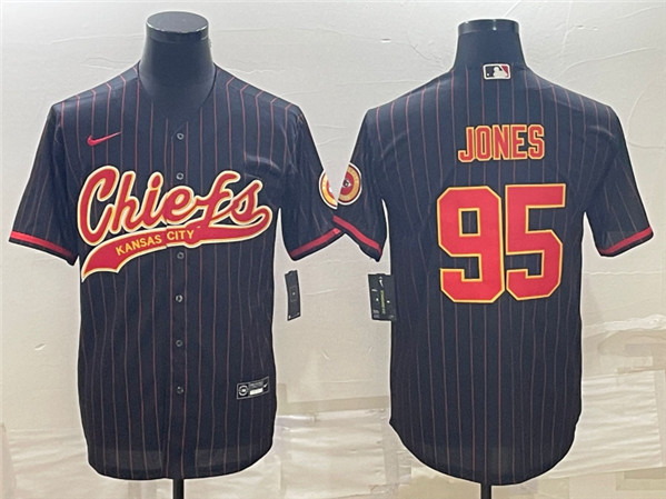 Men's Kansas City Chiefs #95 Chris Jones Black With Patch Cool Base Stitched Baseball Jersey